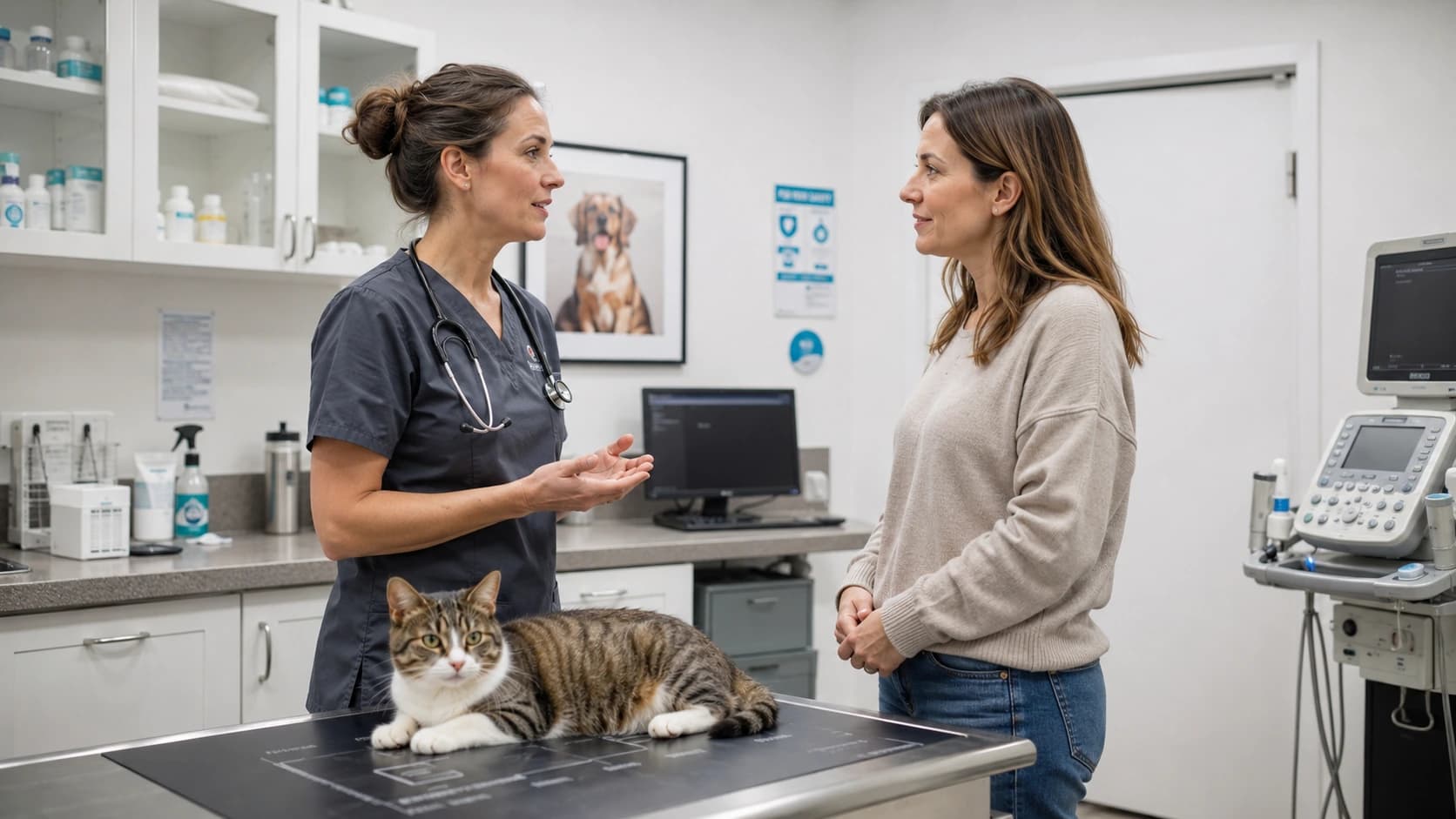 Tierärztin im Gespräch mit einer Halterin im Behandlungsraum, die Katze sitzt auf dem Untersuchungstisch